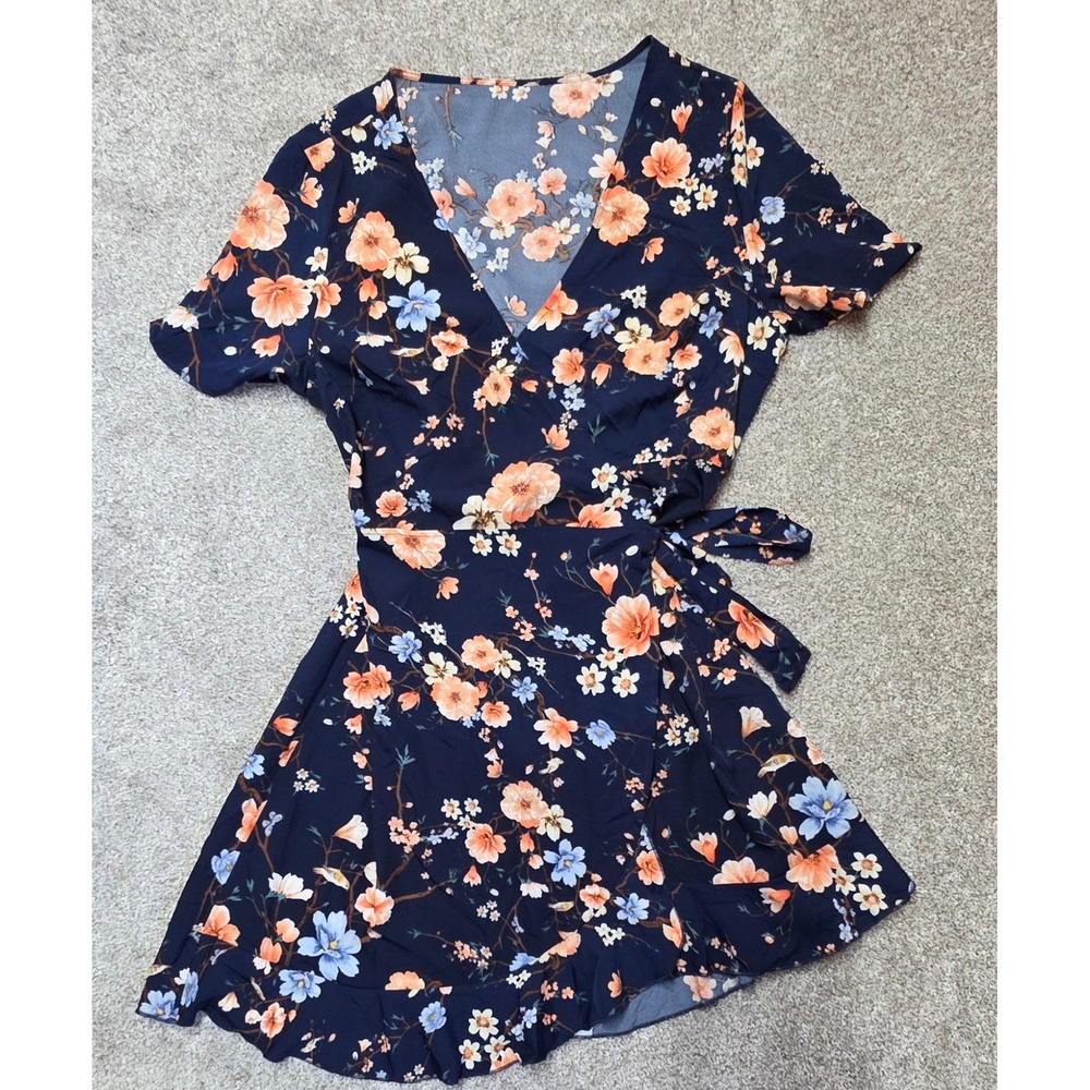 Floral Bird Print Navy Blue Wrap Mini Dress Short Sleeve Ruffle Hem XL
382